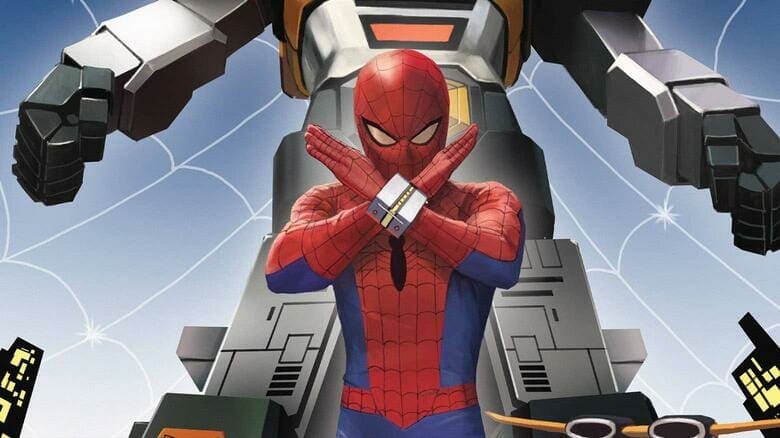 Spider-Man crosses his arms in front of himself as he poses in front of the robot Leopardon