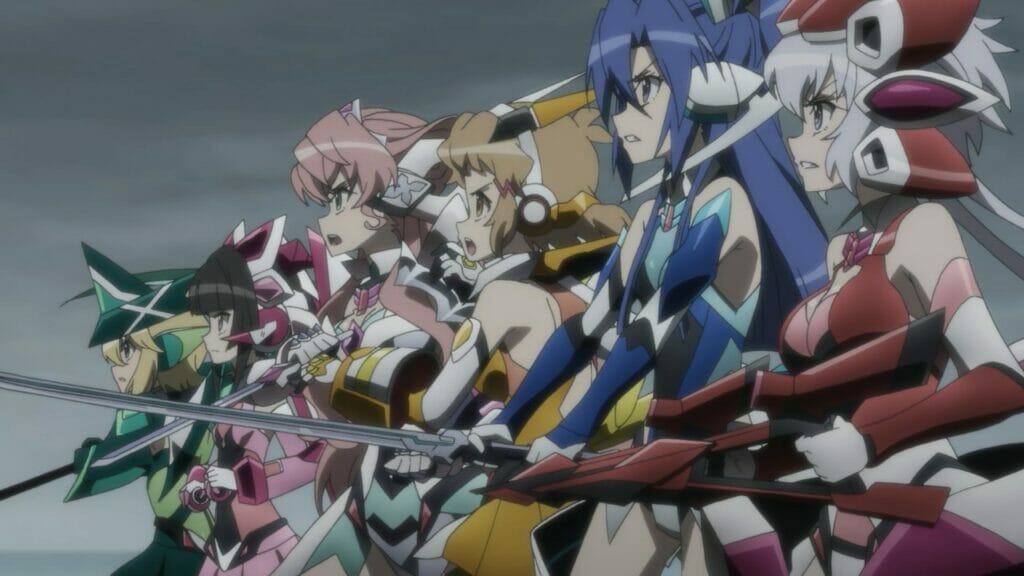 Group shot of Symphogear characters, lined up with their weapons