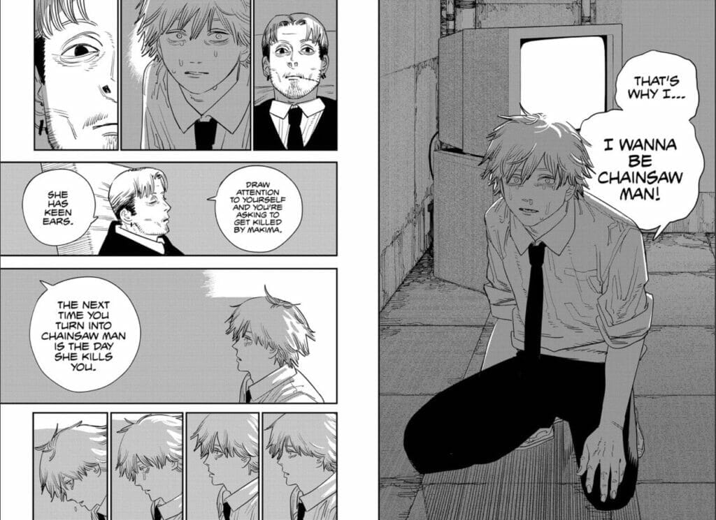 Pages from the Chainsaw Man manga, depicting Denji as he talks with a government agent. 