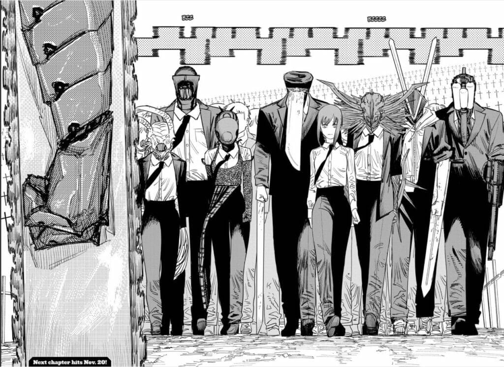 Image from the Chainsaw Man manga, which depicts Makima walking in front of a line of demonic entities.