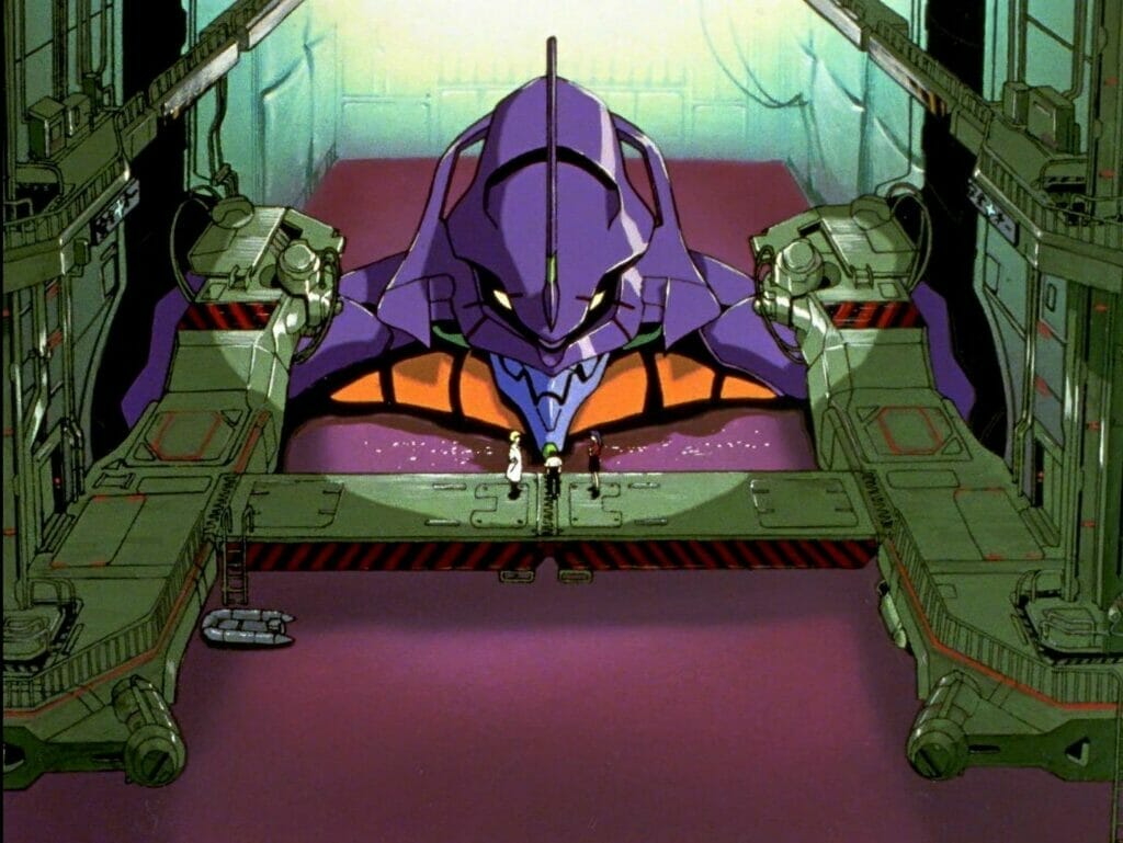 Screenshot from Neon Genesis Evangelion, which depicts EVA-01 suspended in LCL Fluid.