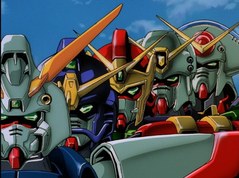 Screenshot from Mobile Fighter G-Gundam that depicts five mobile suits from the shoulders up