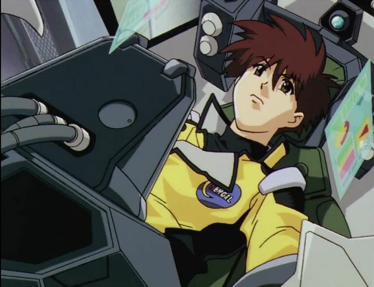 Screenshot from Martian Successor Nadesico that depicts Akito seated in a cockpit.