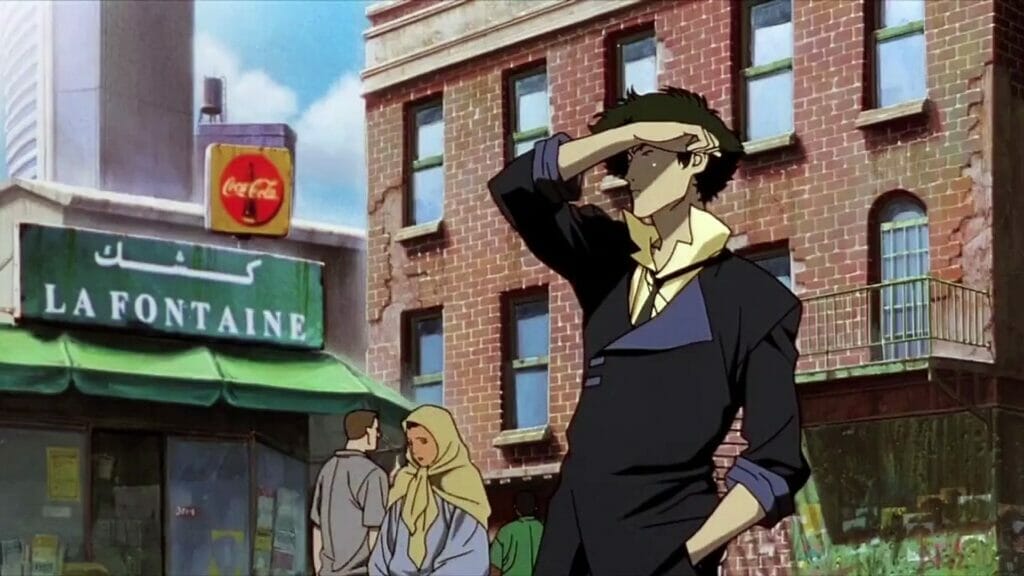 Still from Cowboy Bebop that sees Spike Spiegel shielding his face from the sun as he walks by a store in Marrakesh.