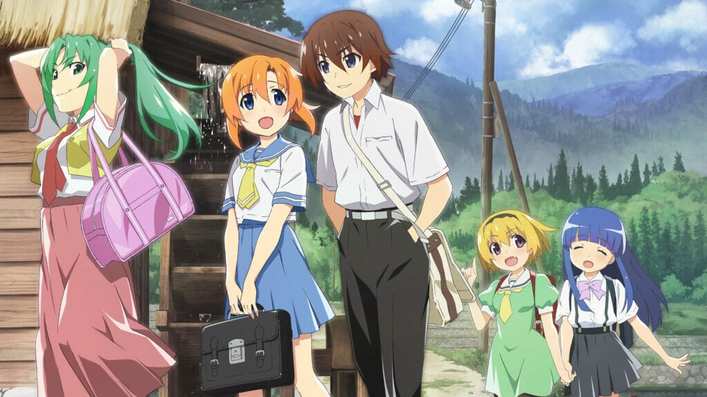 Main cast of Higurashi When They Cry, five school-aged people walking through a Japanese countryside landscape