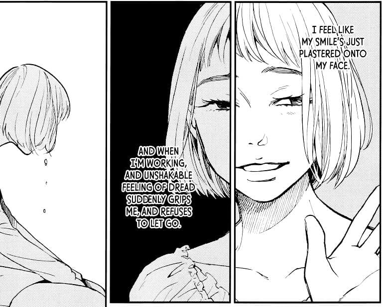 Sample from Look Into My Eyes by Miyako Yoko. Text: "I feel like my smile's just plastered onto my face. And when I'm working an unshakeable feeling of dread suddenly grips me, and refuses to let go.