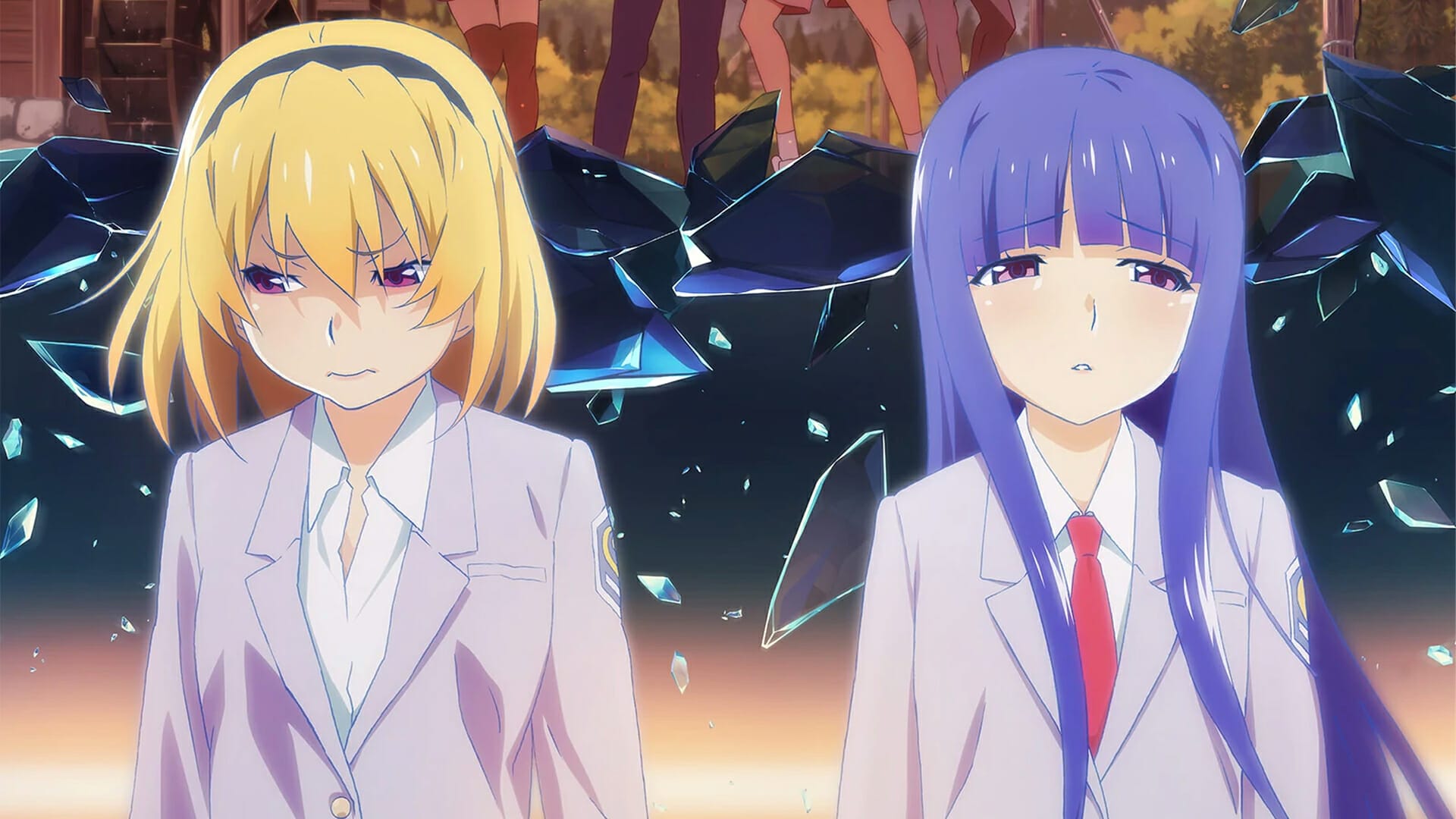 Promo image for Higuarshi Sotsu featuring a mid-shot of two high school girls, one with short blonde hair and one with long pale purple hair