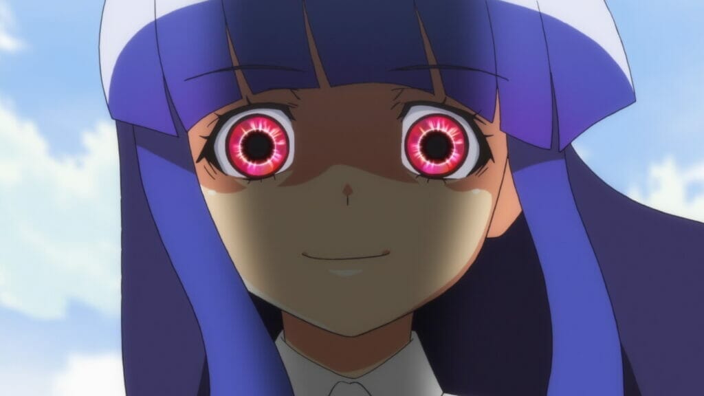 Closeup of a girl with purple hair and glowing, demonic red eyes