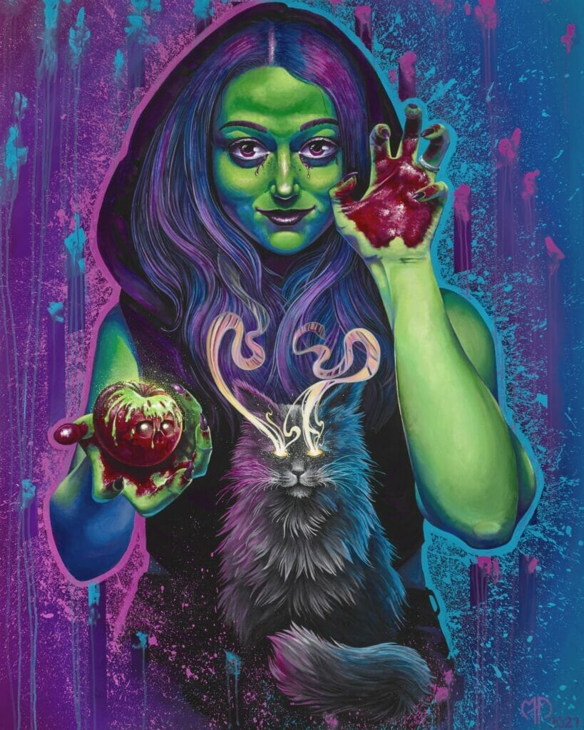 Painting of a witch holding an apple. Her hands are stained red, and a black cat sits in front of her.