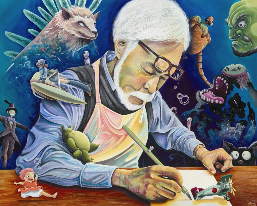 A painting of Hayao Miyazaki as his creations leap from the page.