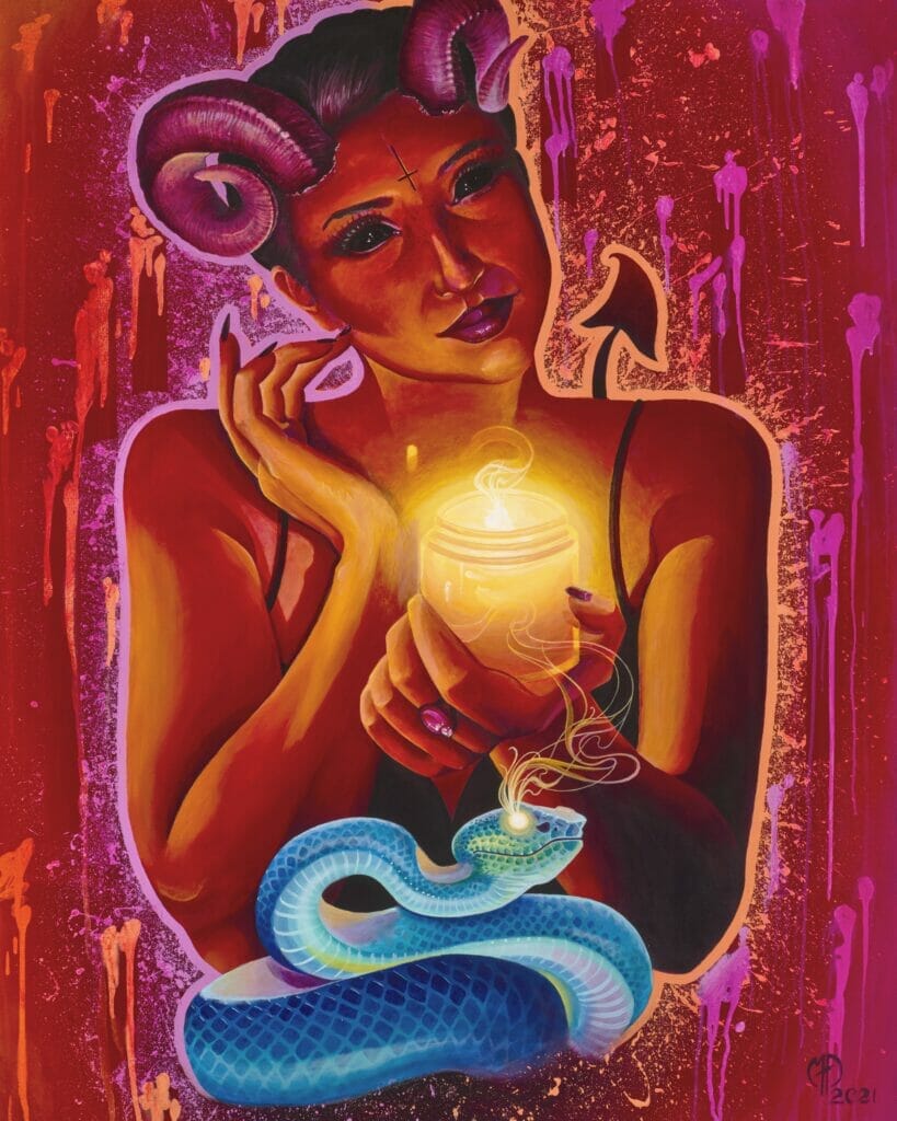 Painting of a demoness holding a candle. A blue snake lingers in front of her.