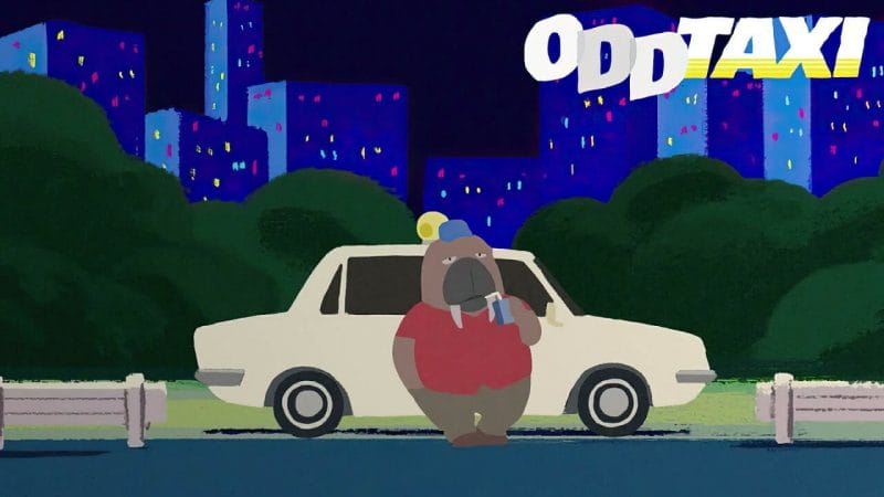 Screenshot from ODDTAXI that depicts a walrus person leaning against a white cab, drinking a juice box. A sprawling cityscape can be seen behind him.