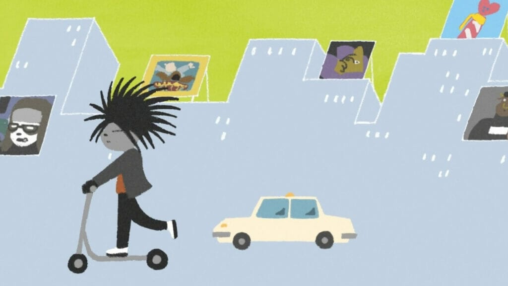 An anthropomorphic porcupine in a snazzy suit riding across a grey backdrop on a scooter