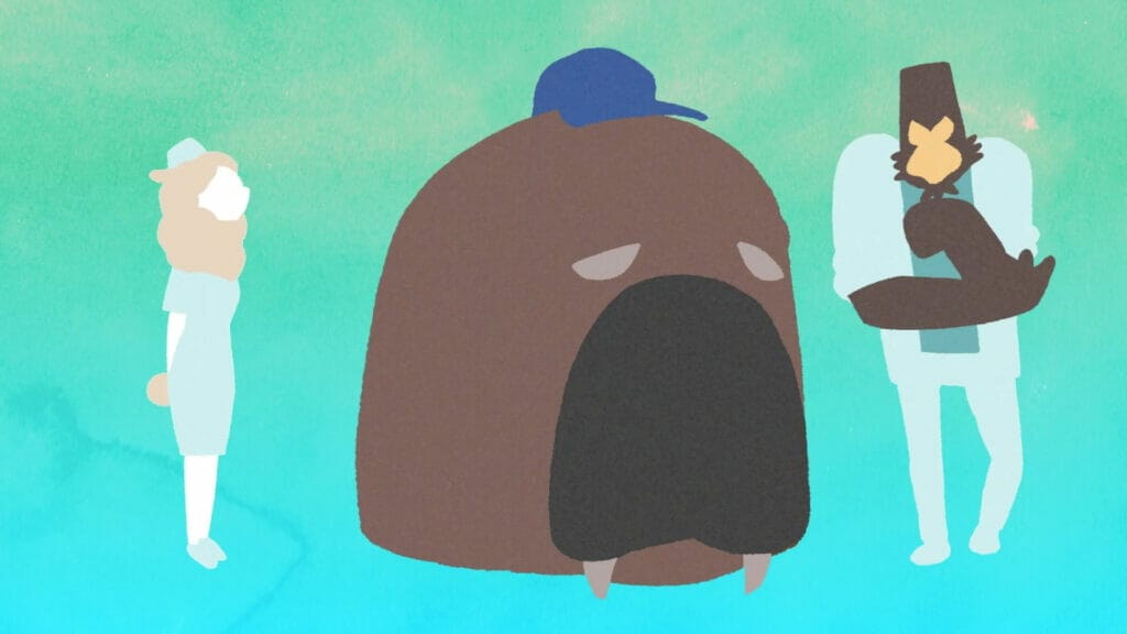 A stylised, watercolor-style drawing of an anthropomorphic alpaca and an anthropomorphic gorilla examining the giant head of a walrus in a baseball cap