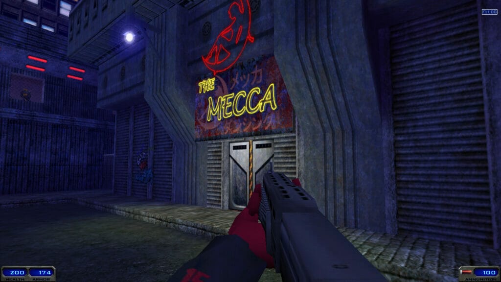 Screenshot from Shogo: Mobile Armor Division that depicts a building with a neon sign. Text: "The Mecca"