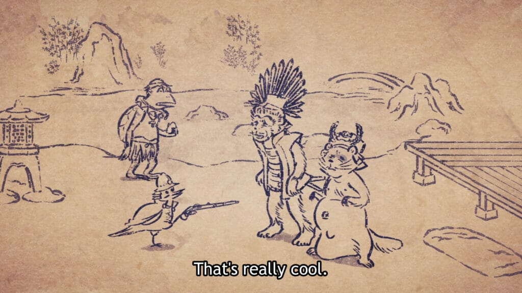 Screenshot from the SENGOKUCHOJYUGIGA anime that depicts a kappa, a monkey in a crown, a tanooki, and a bird who is holding a gun. Text: "That's really cool."