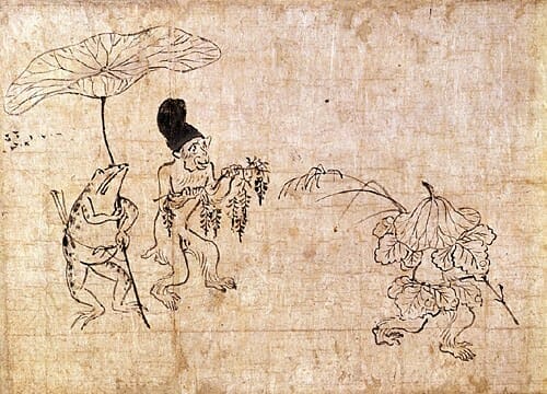 A section of Choju Jinbutsu Giga, depicting a monkey and a frog resting under a lilypad.