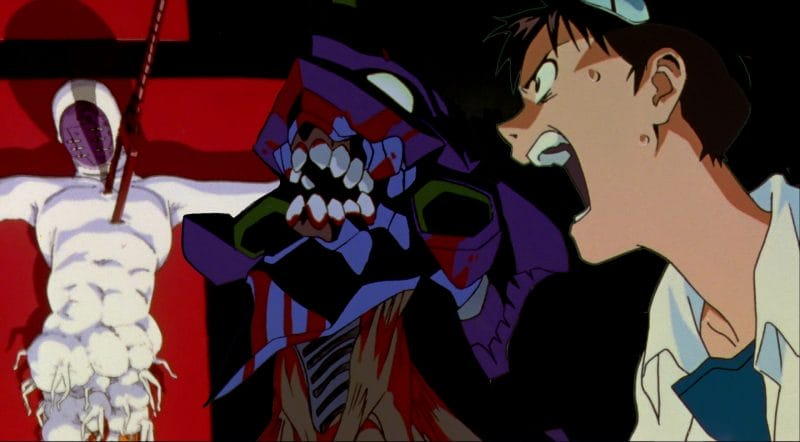 Shinji Ikari clutches his arm and screams, as EVA-1 Roars with blood dripping down its maws in the background is angel Lilith, impaled by the Spear of Longinus.