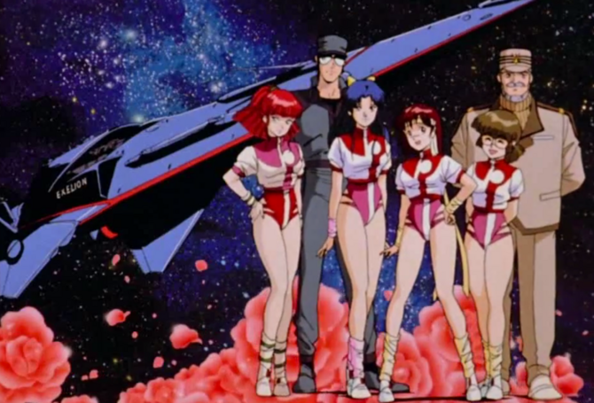 Still from the Gunbuster OVA, which features the main characters standing in front of a space ship and red roses.