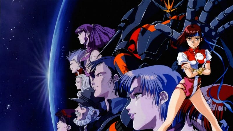 Noriko from Gunbuster stands with her arms crossed - behind her are the headshots of several people from the series.
