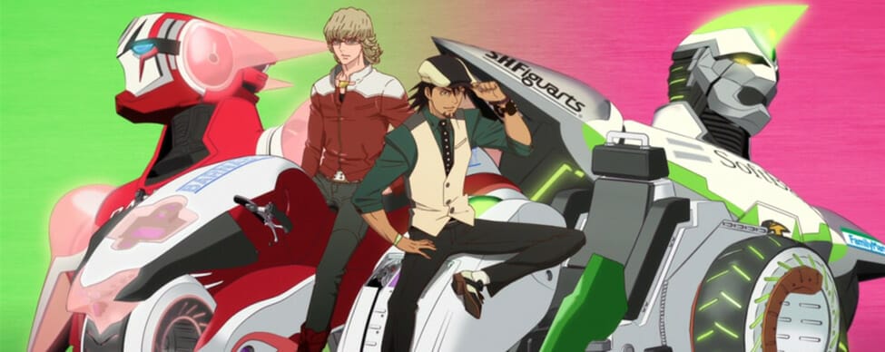 Still from Tiger & Bunny. Kotetsu and Barnaby stand in front of their mechanized suits