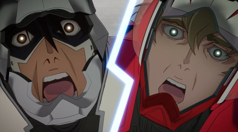 Still from Tiger & Bunny, in which Kotetsu and Barnaby scream at the camera