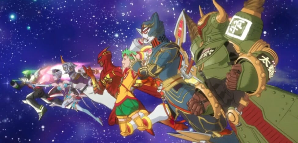 Still from Tiger & Bunny, which sees several superheroes posing against a starry background.