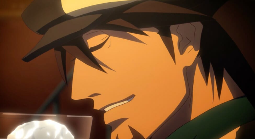Still from Tiger & Bunny, which features Kotetsu smiling as he enjoys an alcoholic beverage.