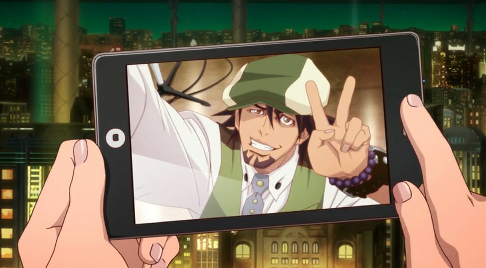 Still from Tiger & Bunny, which features a person looking at a selfie of Kotetsu.