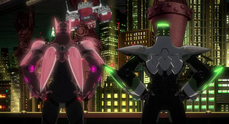 Still from Tiger & Bunny, which depicts Barnaby and Kotetsu from behind as they look upon the city at night.