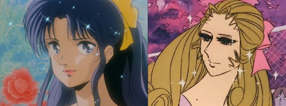 Two people - on the left, a black-haired woman with dark hair and blue eyes, her hair is tied with a yellow ribbon. On the right is a blonde woman with long eyelashes, whose hair is tied with a pink ribbon.