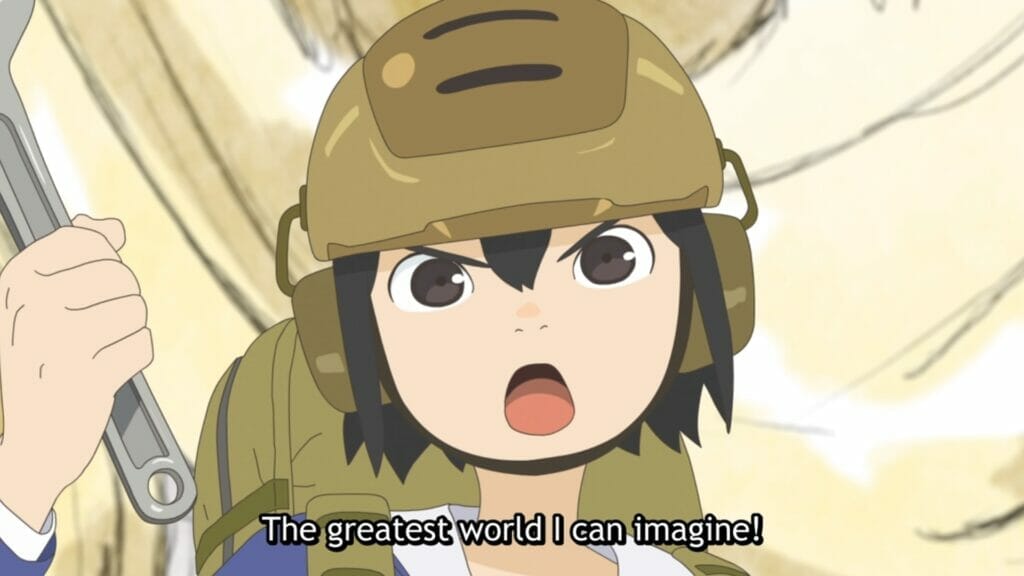 Closeup of Asakusa wearing her flying helmet and looking determined. Subtitle text reads: The greatest world I can imagine!