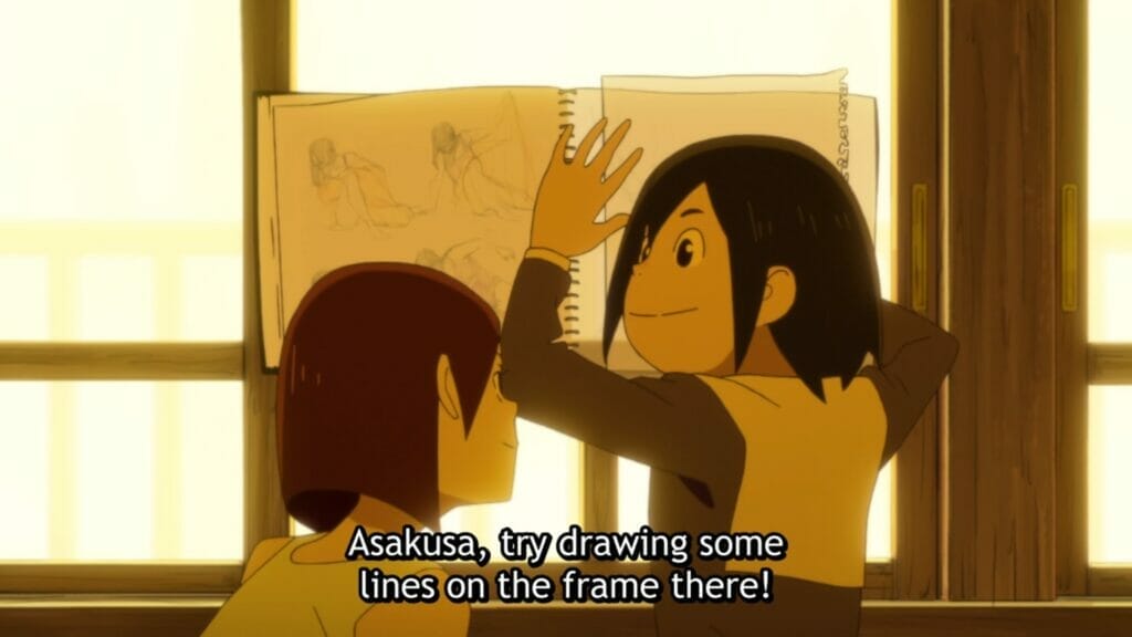 Asakusa and Tsubame drawing together, putting their sketchbook pages up against the light of a window