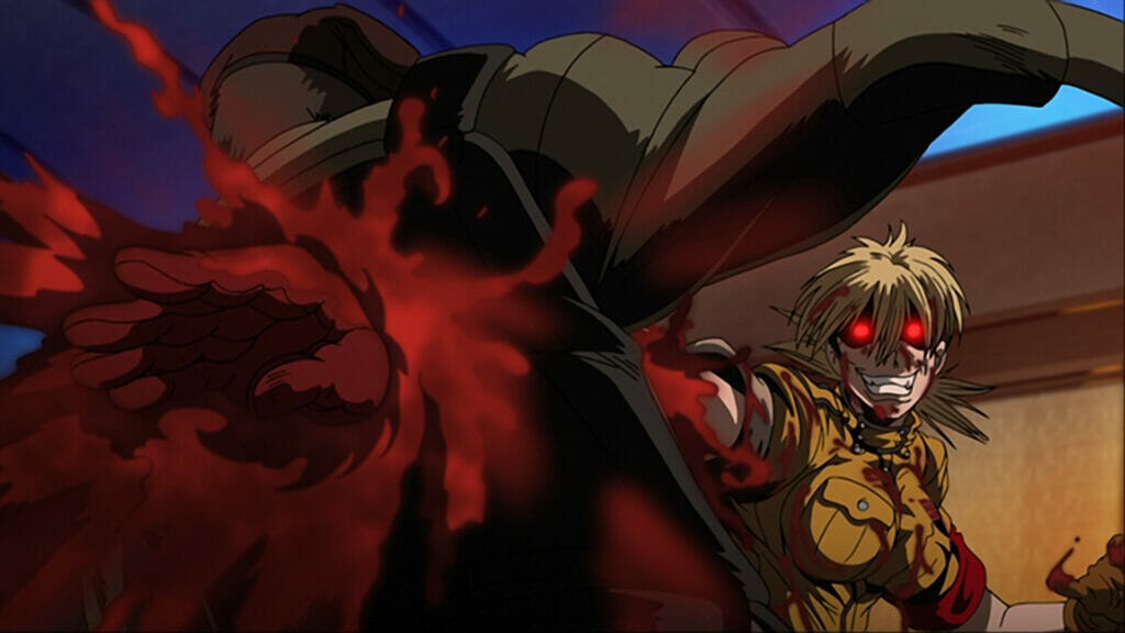 Still from Hellsing ultimate that shows blonde-haired, red-eyed woman Seras Victoria grins maniacally as she plunges her hand through a human.