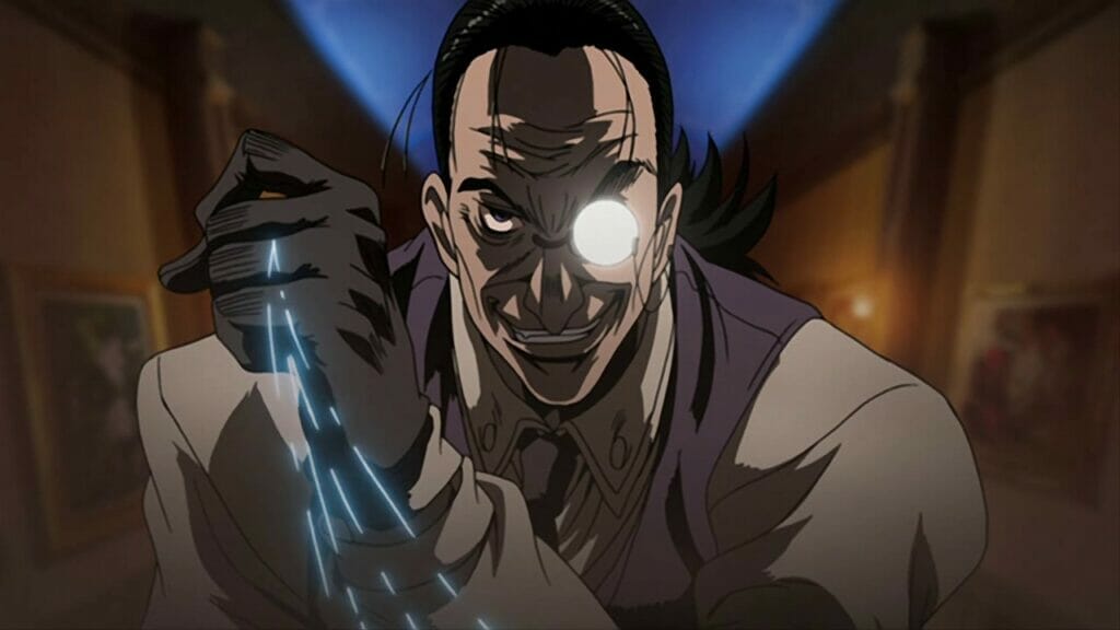 Still from Hellsing Ultimate that features Walter as he smirks at the camera. Glowing threads trail from his curled fingers.