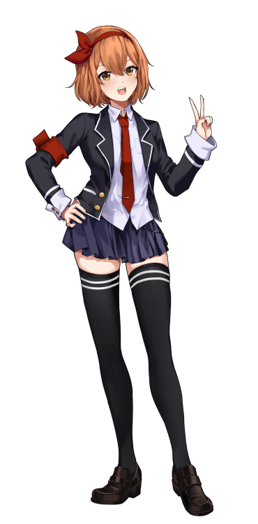 An orange-haired girl in a school uniform smiles as she flashes a peace sign at the camera. Her hair is tied with a red ribbon, and she's wearing a dark school uniform with red tie and red armband.