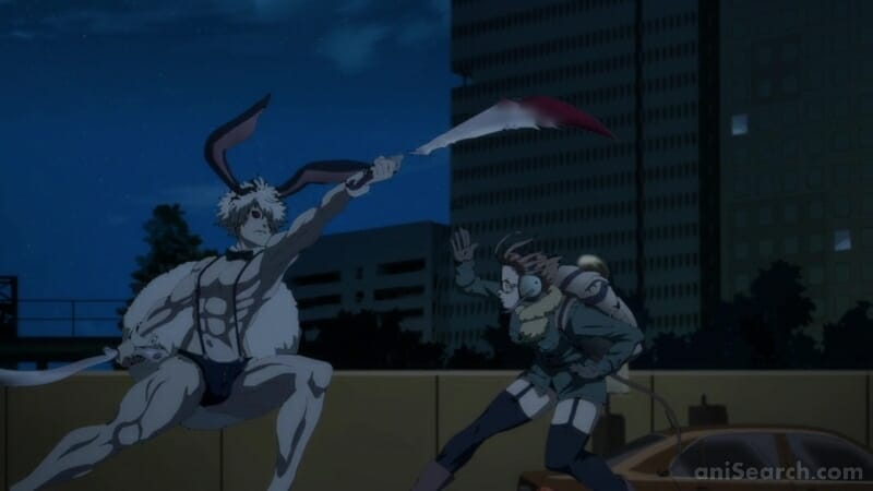 A muscular man wearing bunny ears and a thong brandishes a blade against a small woman clad in a green coat.