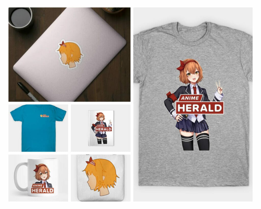 A laptop sticker, two T-shirts, a coffee mug, a notebook, and a tote bag bearing the Anime Herald brand.