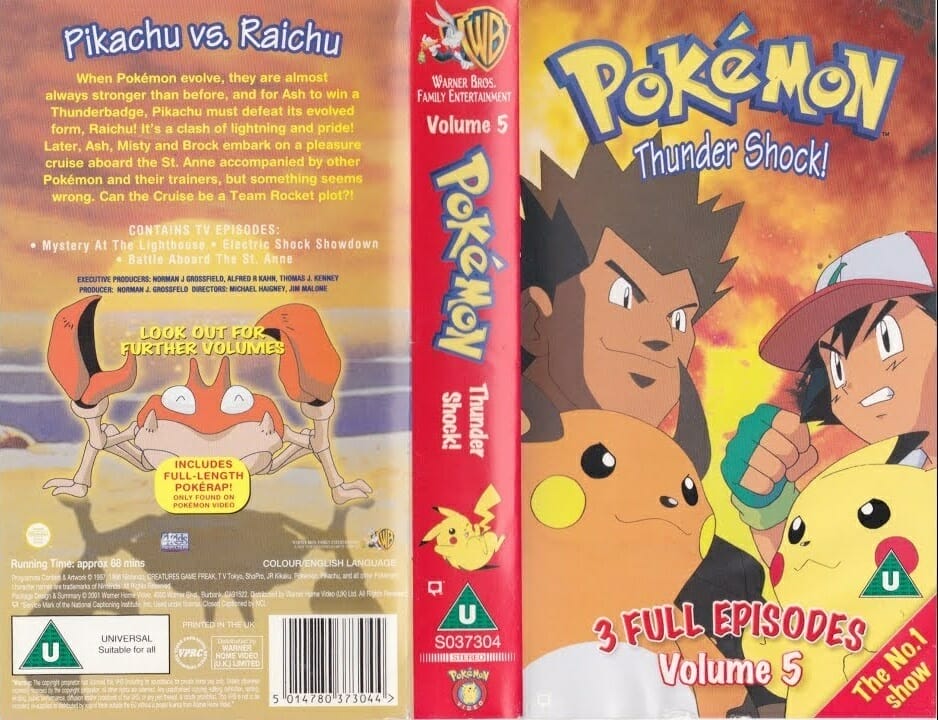 VHS cover for Pokemon Thunder Shock, featuring Ash and a trainer, Raichu and Pikachu, facing off on the cover