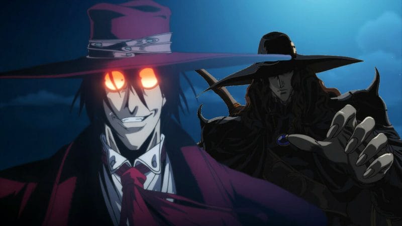 Alucard from Hellsing smirks as he walks toward the camera. Behind him, D from Vampire Hunter D stalks, arm outstretched.