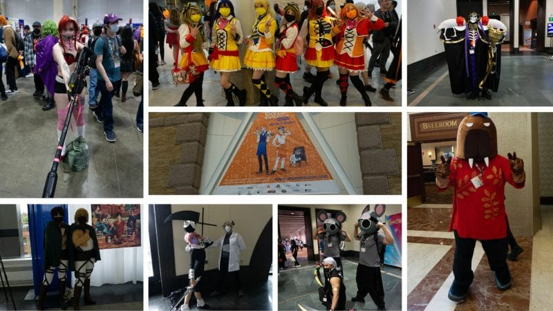 A collage of individuals in cosplay, composed of photos taken at Anime Boston 2022.