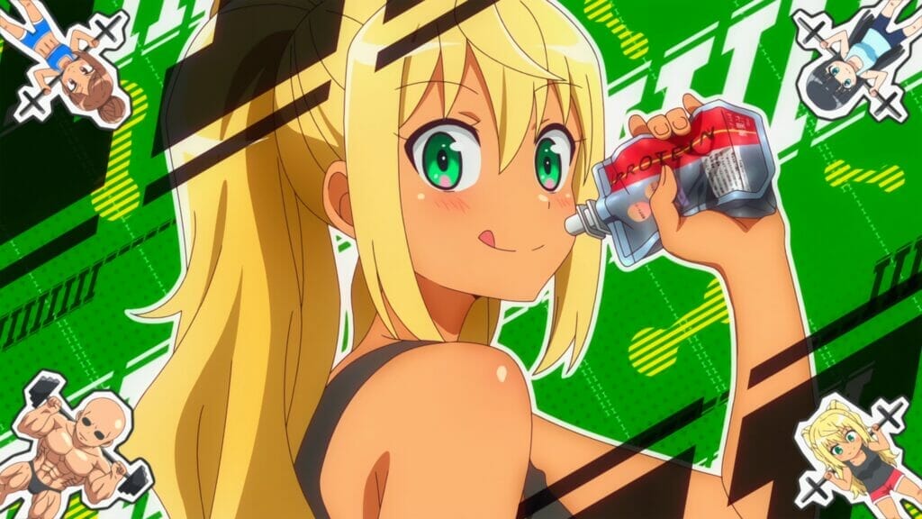 Promo image for How Heavy are the Dumbbells you Lift? The main character, a tanned woman with blonde hair, looks over her shoulder at the camera while drinking energy drink from a pouch. Around her are chibi versions of other characters lifting weights