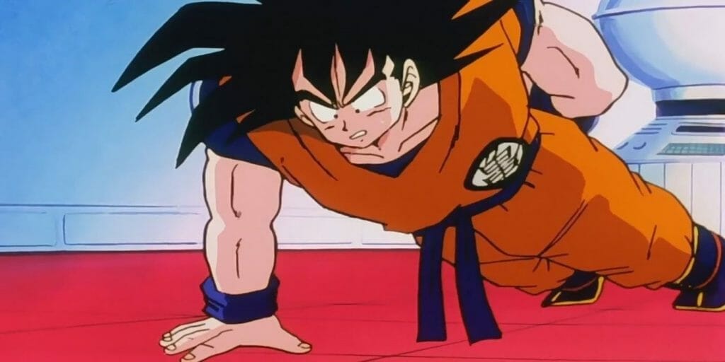 Goku from Dragon Ball doing a one-handed pushup
