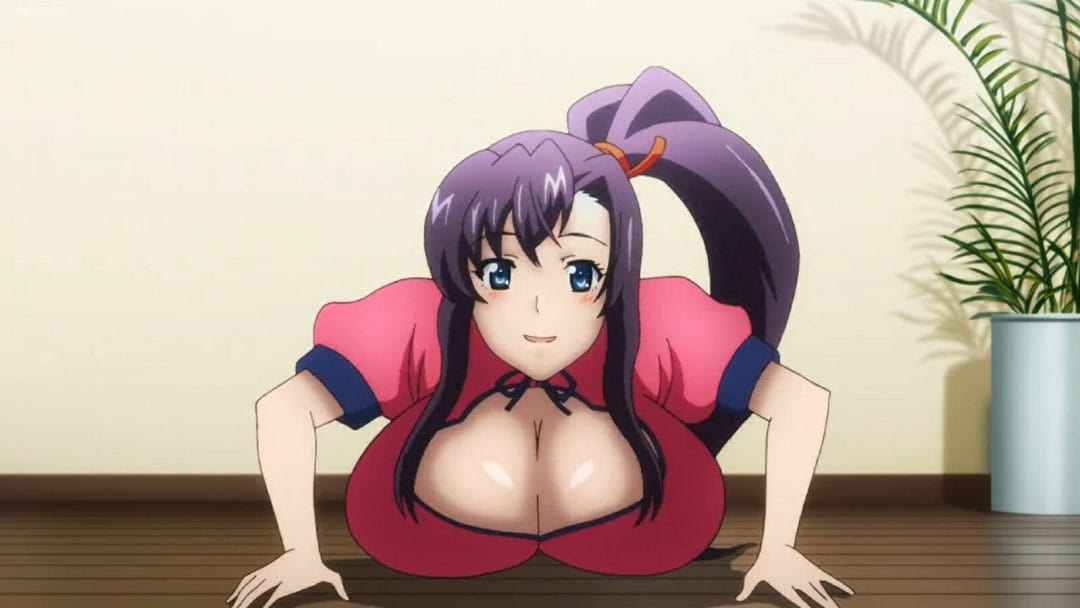 A character from Maken-Ki! Secret Training doing a pushup. Her comically large bust is squishing against the floor and revealing a lot of cleavage
