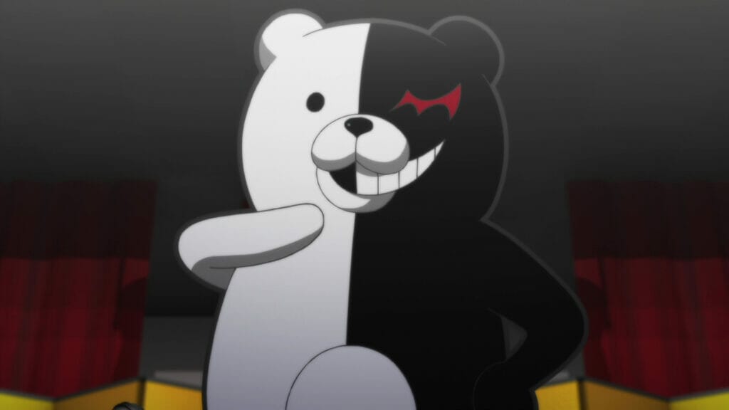 Monokuma from Danganronpa - a black and white bear with a malicious smile.