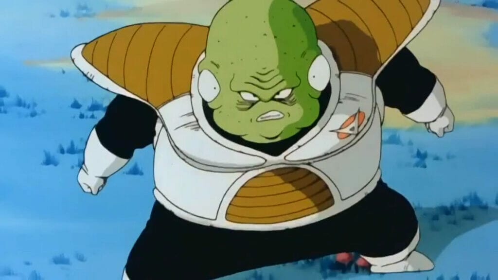 Guldo from Dragon Ball Z Kai: a rotund green alien clad in a black, white, and gold jumpsuit.