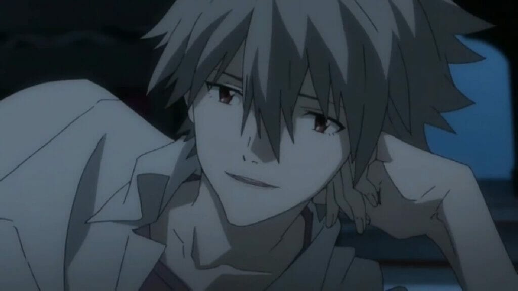 Kaworu Nagisa from Evangelion - a pale, white-haired boy with red eyes and a gentle smile.