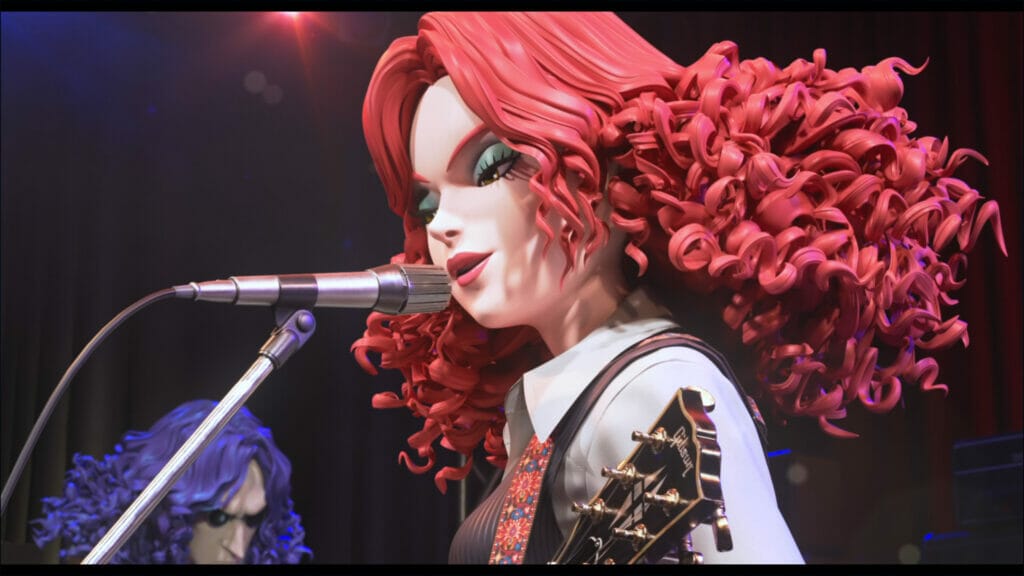 Screenshot from Earwig and the Witch, which depicts a red-haired woman wearing a white shirt and makeup, singing into a microphone.