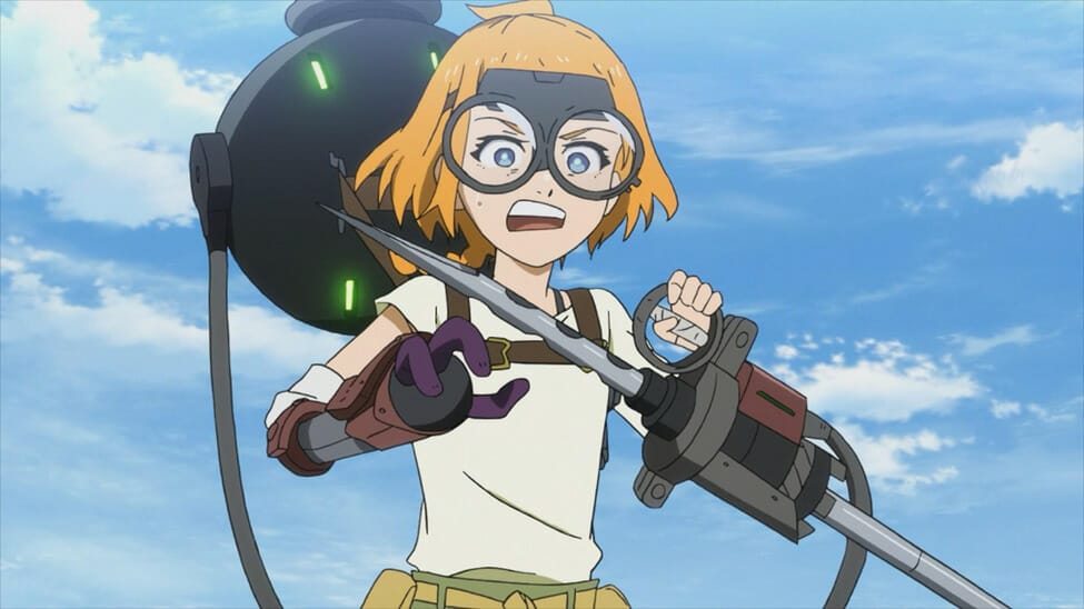 Screenshot from Deca-Dence. A blonde woman wearing goggles and a metal backpack makes a surprised expression as she holds a tool.