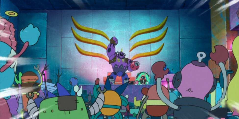 Screenshot from Deca-Dence. A purple robot raises its fist in solidarity with a crowd of robots gathered around.